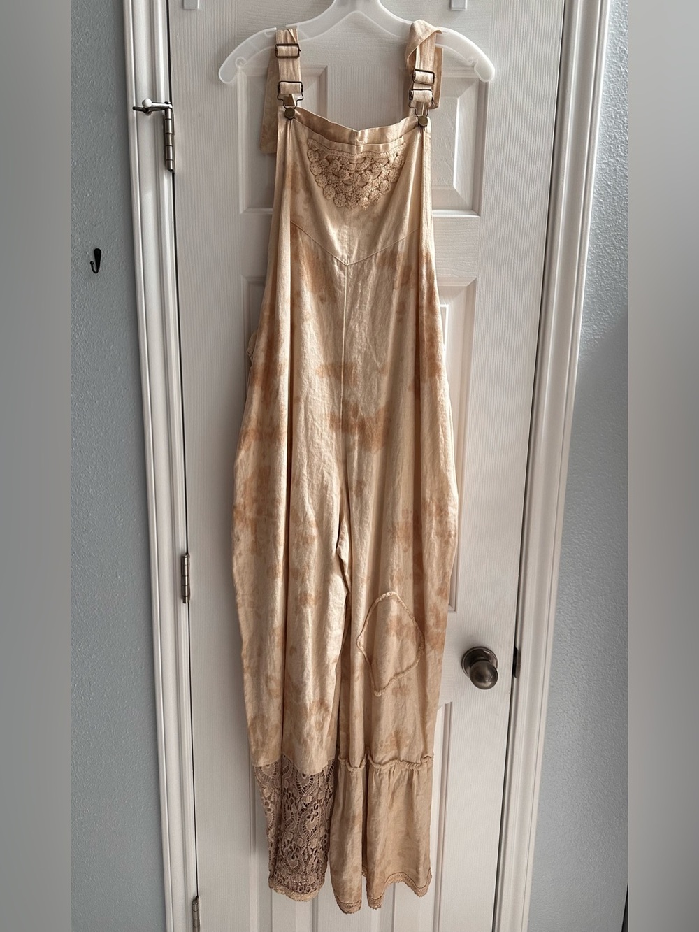L&B Crotchet Lace Earthy Linen Blend Jumpsuit Overalls NWT XL Boho Chic Coastal
